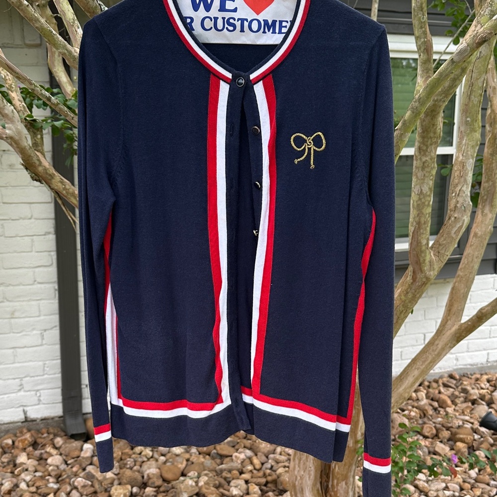 Charter Club Navy Cardigan with Red and White Trim